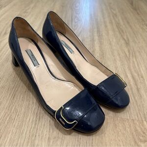 Prada Patent Leather Block Low Heels Buckle Navy